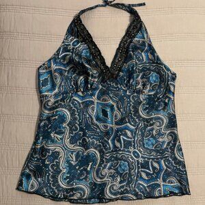 Y2K Teal Blue Paisley Halter Top Size L Festival Fairy